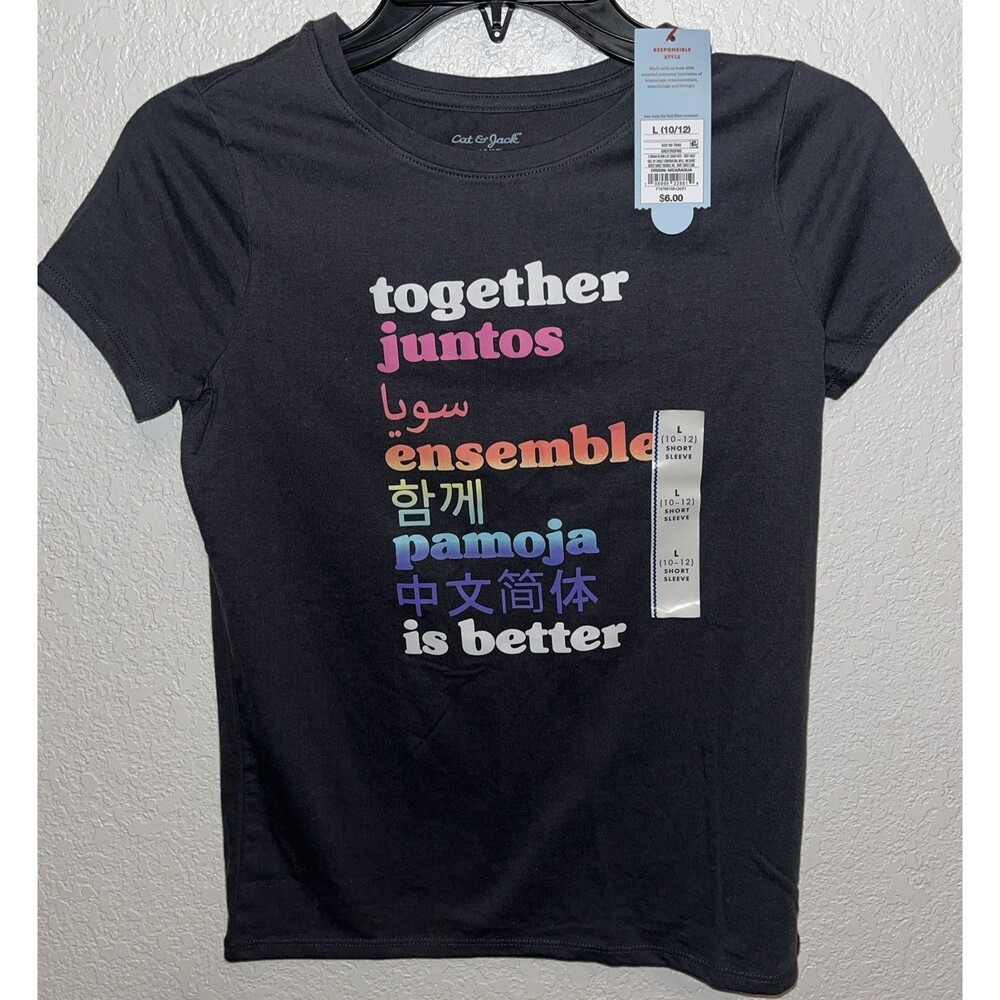 Cat & Jack Girls Gray "Together" Multilingual T Shirt Size Large (10-12)